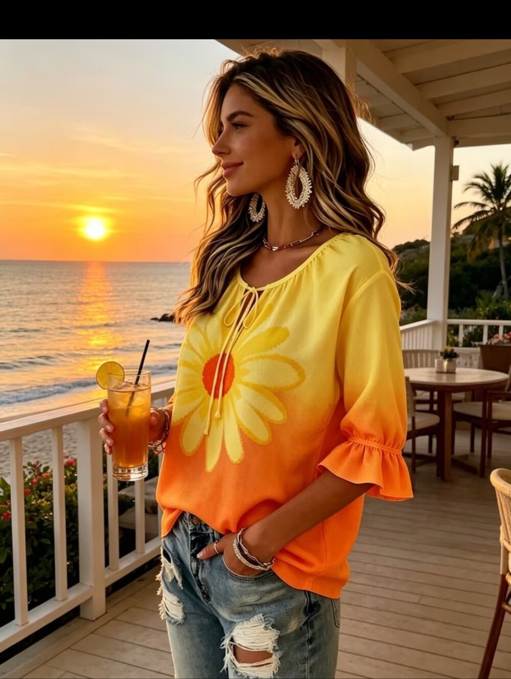 Adorable Gradient Orange-Yellow Floral Peasant Top - Women